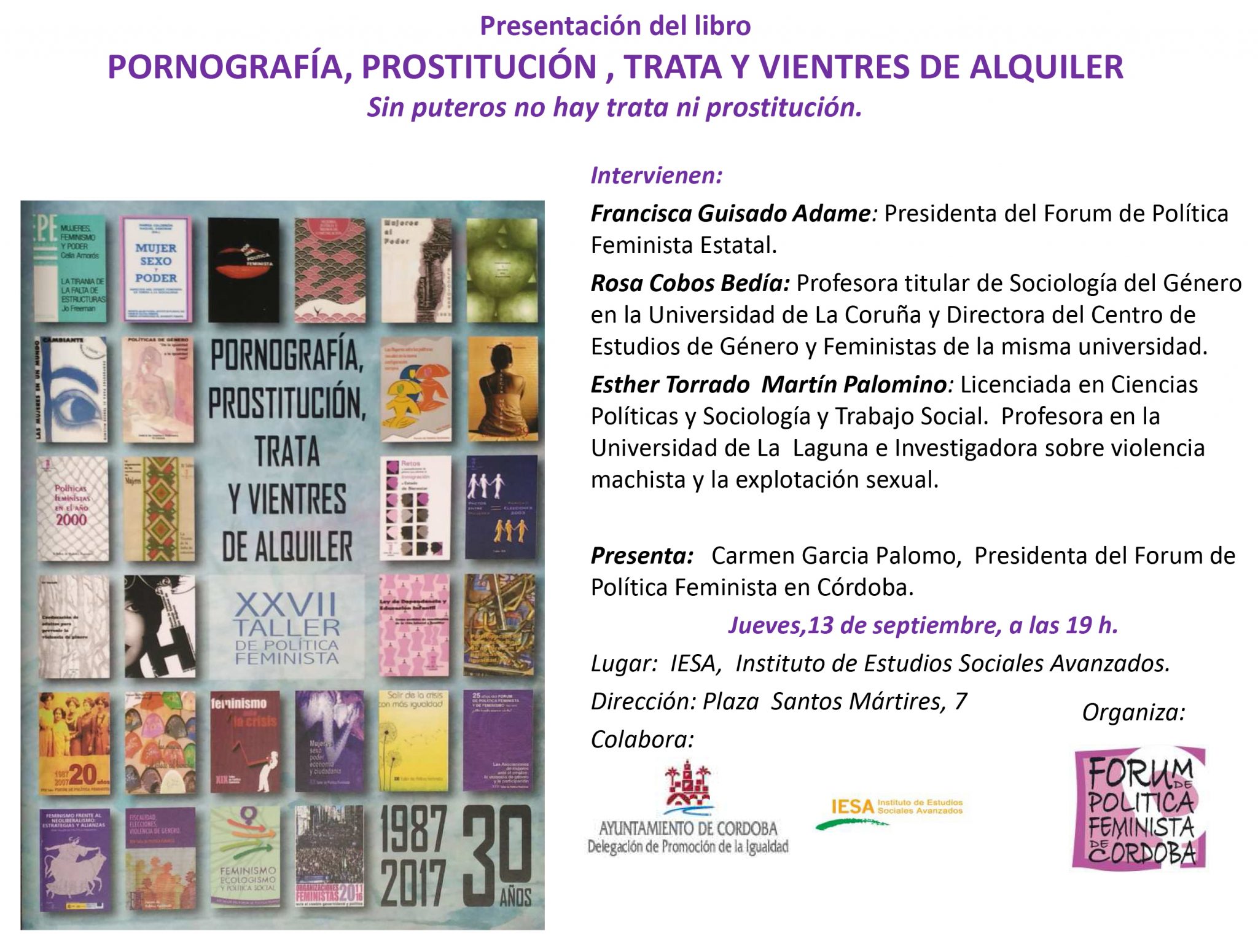 Presentación del libro «Pornografía, Prostitución, Trata y Vientres de Alquiler». Forum de política  Feminista
