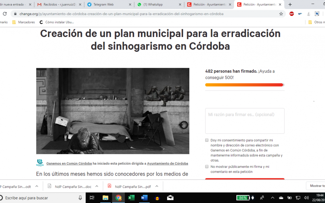 Ganemos en Común Córdoba pide hechos ante la adhesión de Servicios Sociales a sus demandas contra el Sinhogarismo