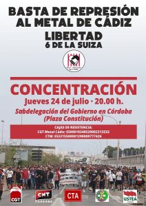Concentración en apoyo a la lucha del Metal en Cádiz y a Las 6 de La Suiza @ Subdelegación del Gobierno